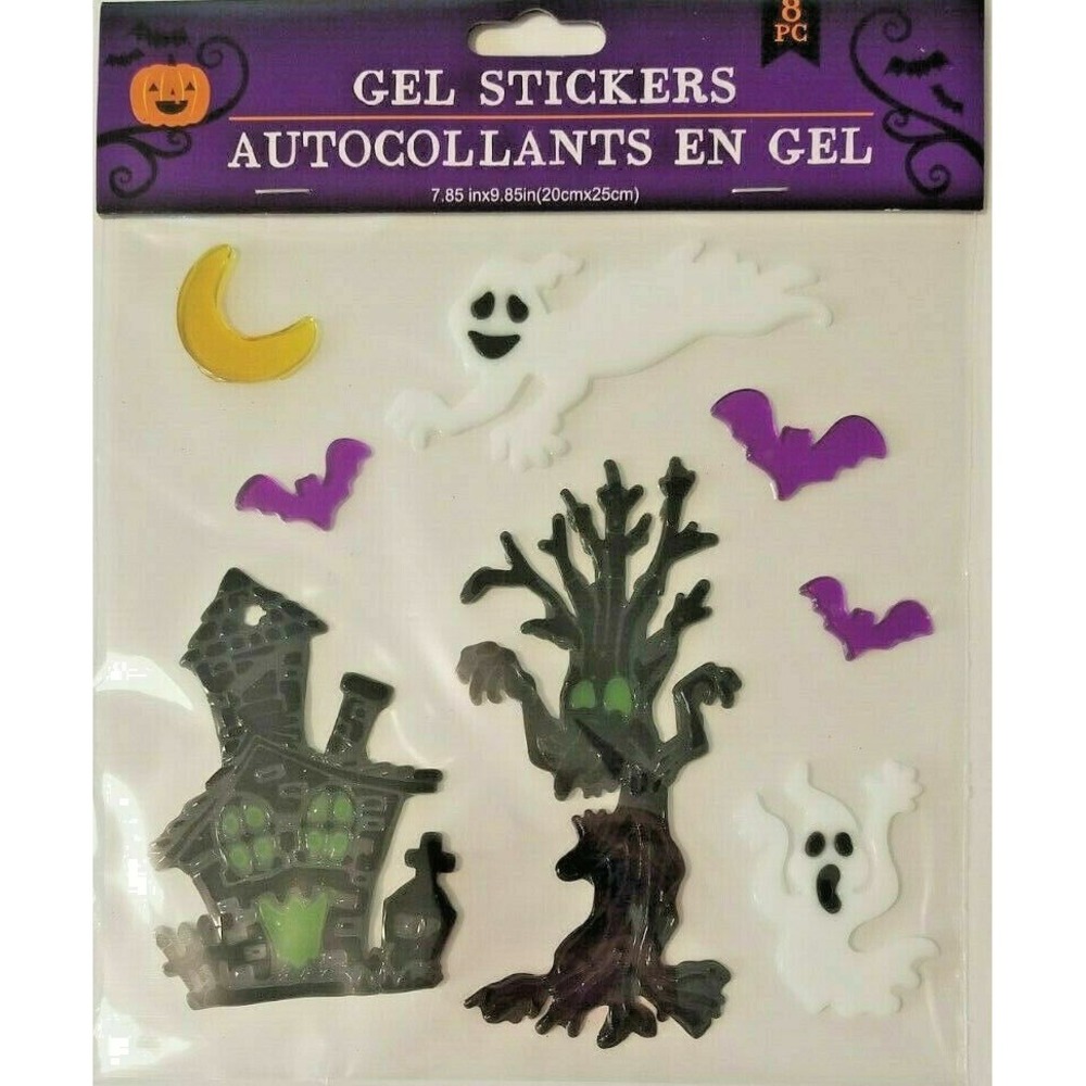 NEW HALLOWEEN 8 pc Window Gel Clings Decor Spooky Scary Haunted House Ghosts Bat